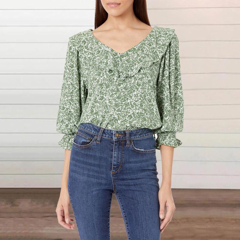 Women's Blouses & Shirts Elegant Ruffle Blouse Bohemian Flower Print Fluid Twill Long Sleeve V-neck Tops Autumn Office Lady, White
Women's Blouses & Shirts Elegant Ruffle Blouse Bohemian Flower Print Fluid Twill Long Sleeve V-neck Tops Autumn Office Lady, White