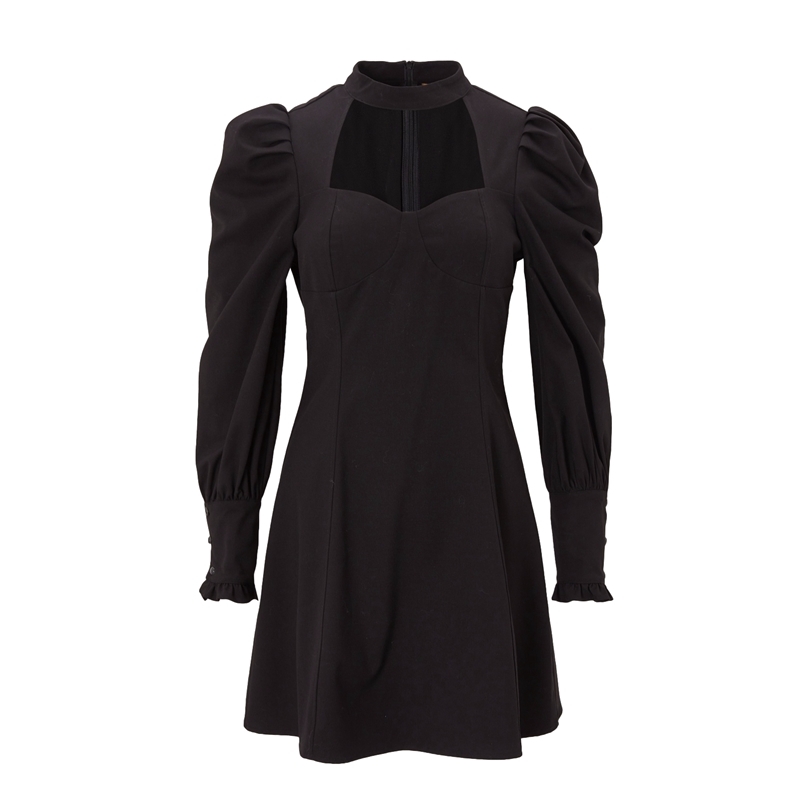 Elegant Women Black O-Neck Dress Fashion Ladies Hollow Out Vestidos Streetwear Female Chic Puff Sleeve Mini Dresses 210430