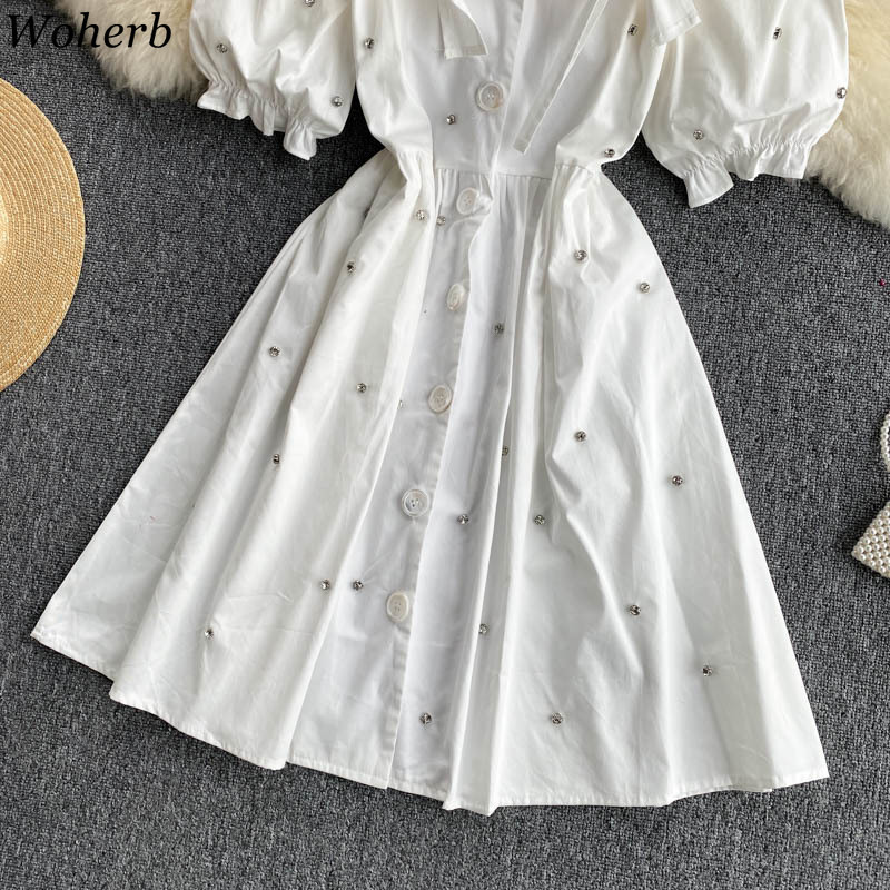 Chic Women Dresses Heavy Diamonds Sweet Vestidos Female Summer Single Breasted Korean Robe Lace Up Bow Slim White Dress 210519