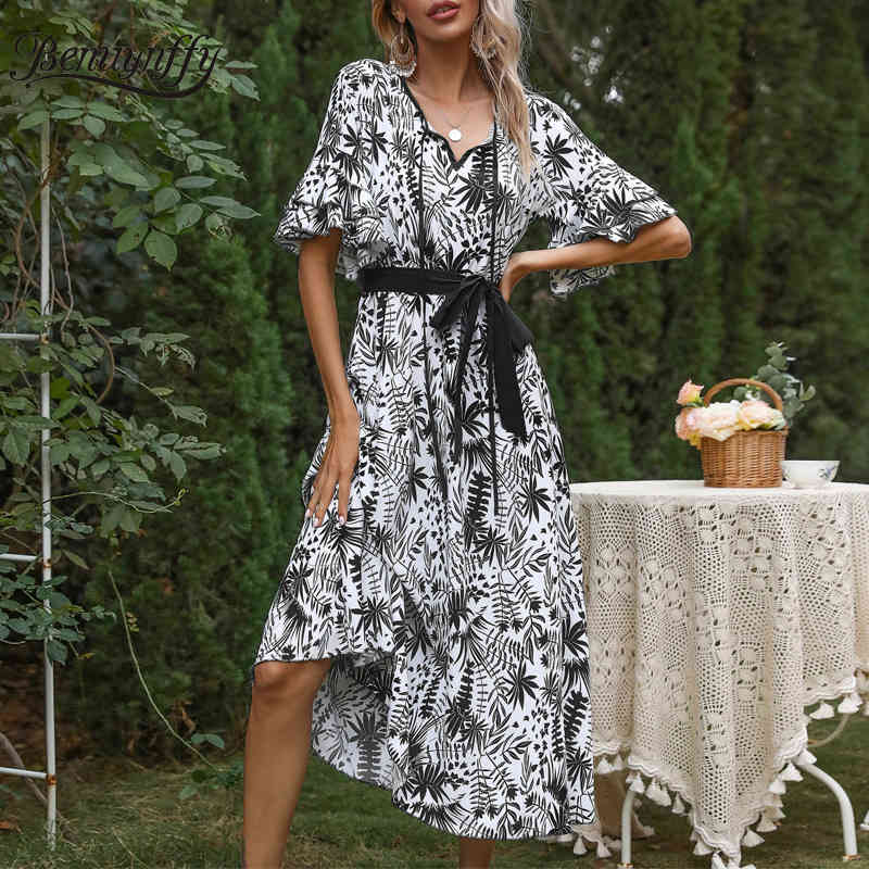 Tie Neck Layered Flare Sleeve Print Women Summer Long Dresses Holiday Casual Female Swing Dress with Belt 210510