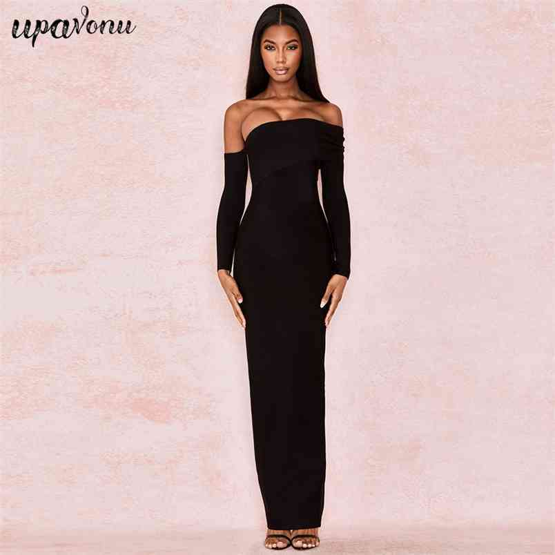 Free Off-shoulder Long Sleeve Black Bandage Dress Women's Sexy Halter Bodycon Rear Split Club Party Vestidos 210524