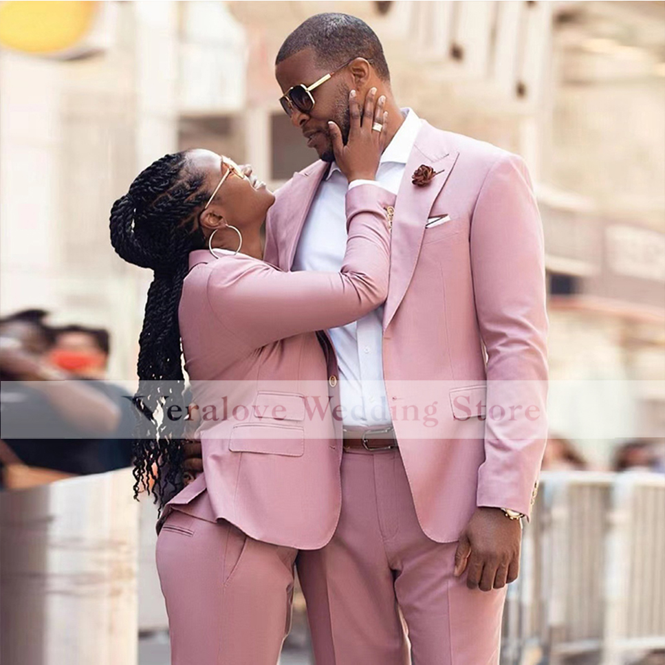 Veralove Pink Bussiness Couple Suit Peaked Lapel One Button Groom Tuxedos Wedding Suit for Men Set Custom Made(Jacket+Pants)