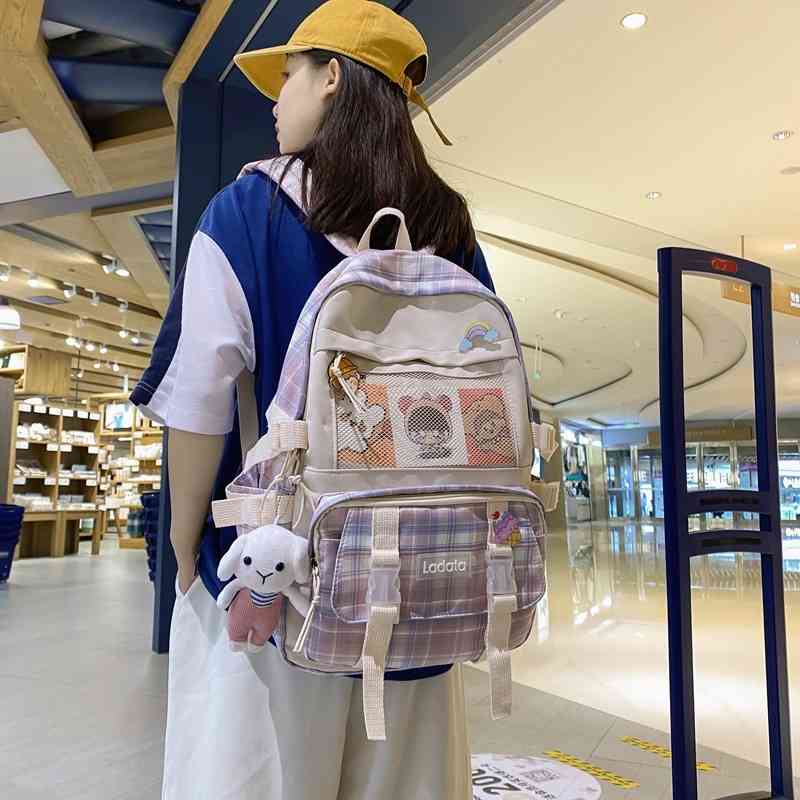 Student schoolbag women's new nylon fashion backpack ins Korean Plaid Campus Computer Backpack, Two pink cards (without pendant)
Student schoolbag women's new nylon fashion backpack ins Korean Plaid Campus Computer Backpack, Two pink cards (without pendant)