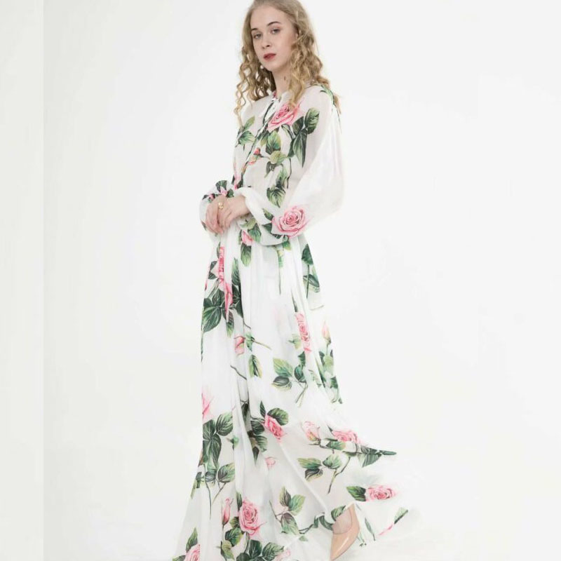 Summer Vintage Rose Flower Print Kleider Runway Dress Sundress Women Party Maxi es 210421