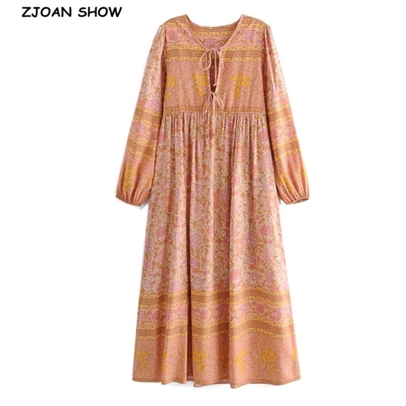 Bohemia Bandage Lacing up Collar Orange Floral Print Dress BOHO Woman Hit Color Long Sleeve Maxi Holiday Dresses 210429