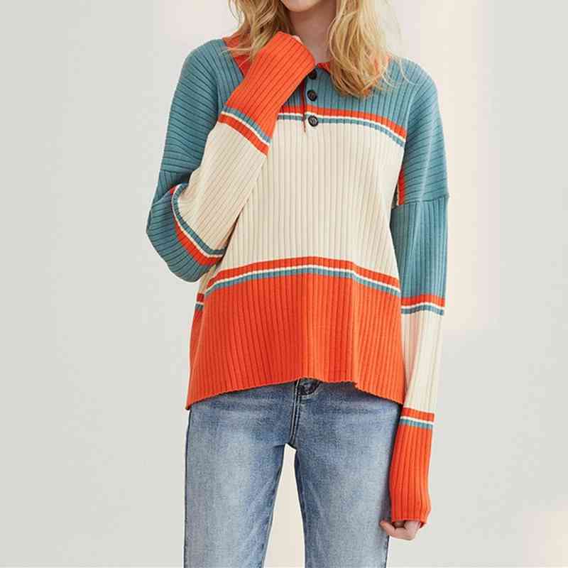 autumn winter chic Vintage Polo collar knitted cardigan women pullover loose shoulder sleeve striped sweater jacket top 210508