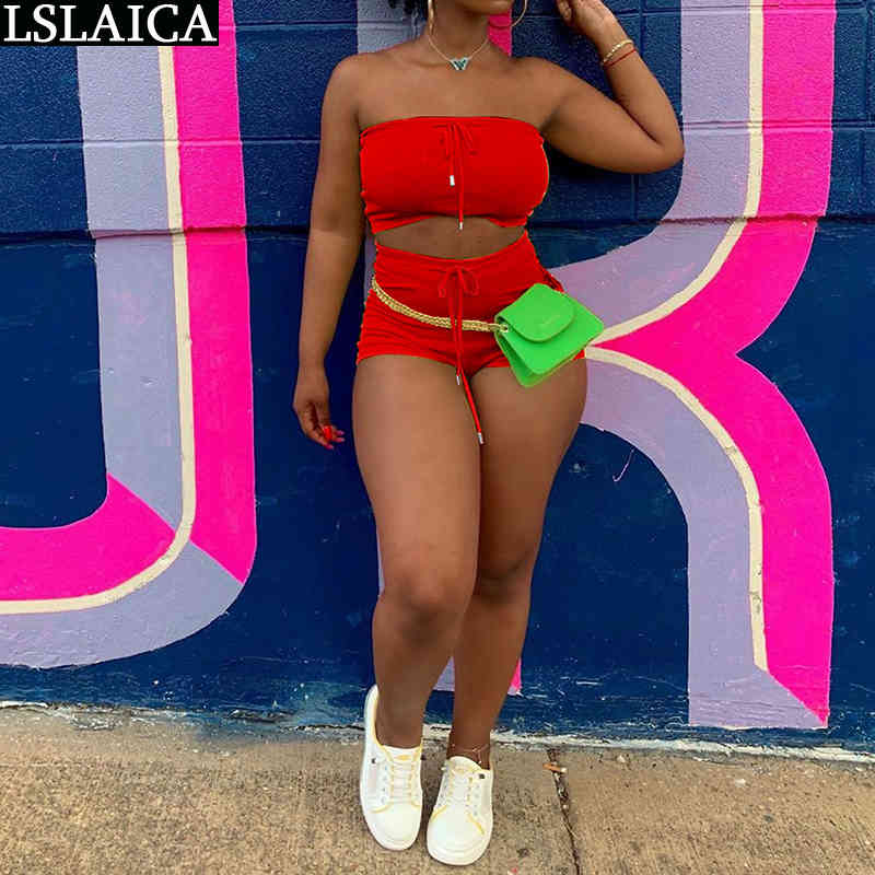 Tube Top Two Piece Set Summer Strappy Sleeveless Clothes For Women Casual Solid Shorts Tracksuit Pantalones Cortos De Mujer 210520