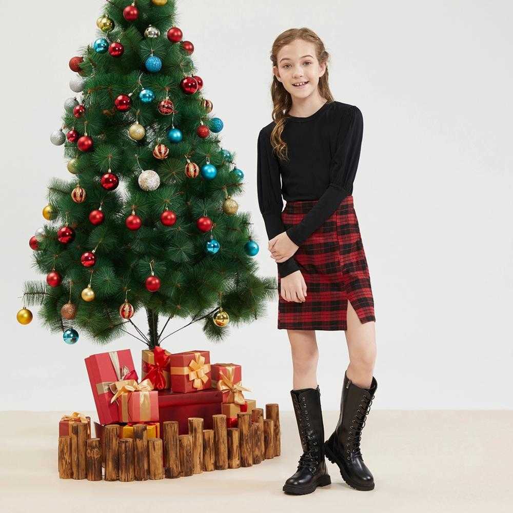 Kid Girl Solid Top & Plaid Skirt Set for Christmas Clothing Sets 210528
