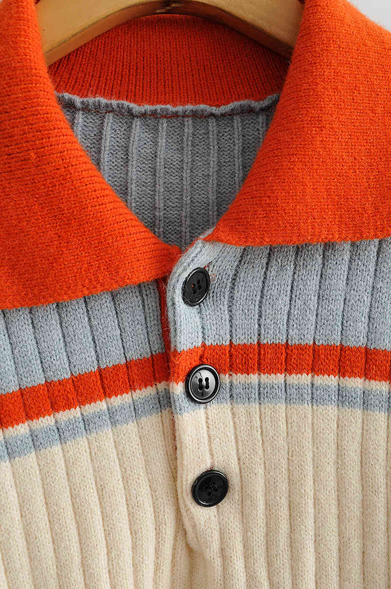 autumn winter chic Vintage Polo collar knitted cardigan women pullover loose shoulder sleeve striped sweater jacket top 210508