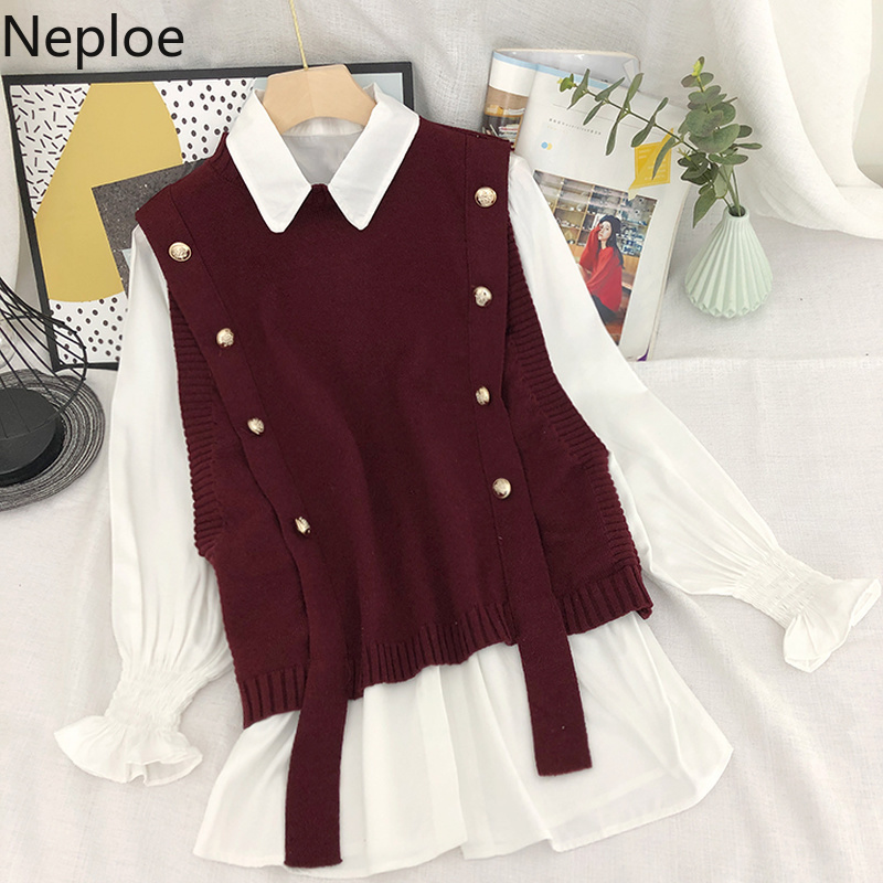 Neploe Korean Suit 2 Piece Set Women Preppy Style Loose Woman Clothes White Shirt Tops Knit Sweater Vest Two Piece Set Blouses 210422