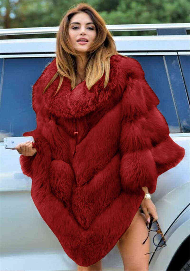 Faux Fur Coat Women Fur Winter Warm Oversized Long Sleeve Cape Poncho Overcoat Pullover Jacket Outwear Plus Size 211123