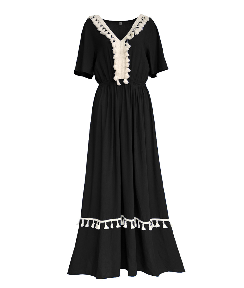 Women Dress V Neck Short Sleeve Maxi es High Waist Tassel Bohemian Plus Size Loose Long Summer es 210524