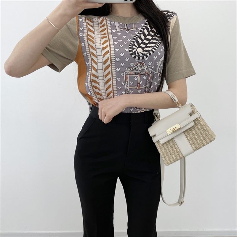 Summer Vintage Printed Knitted Pullover Sweater Women Short Sleeve O-neck Tops Korean Fashion Female Jumpers Mujer 210514