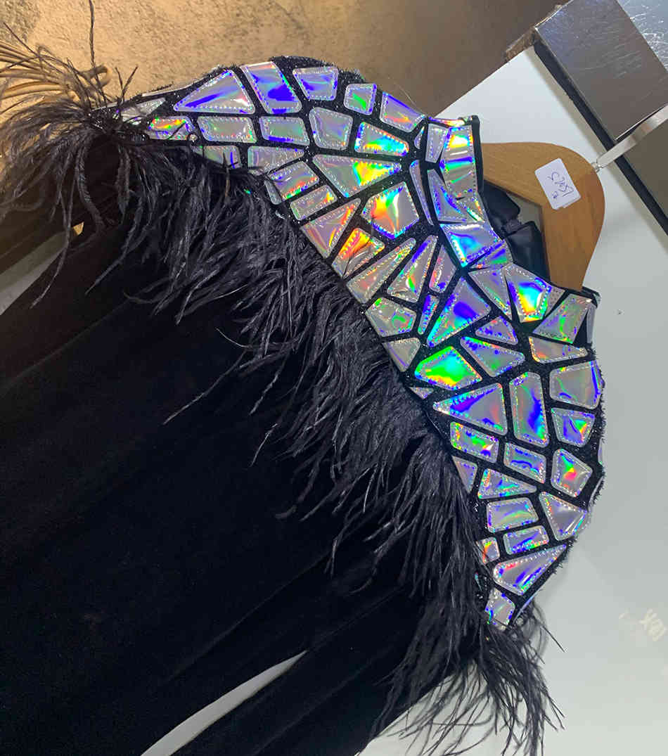 Ladies Celebrity Banquet Cocktail Party Dress Black Sequin Feather High Neck Long Sleeve Sexy 210525