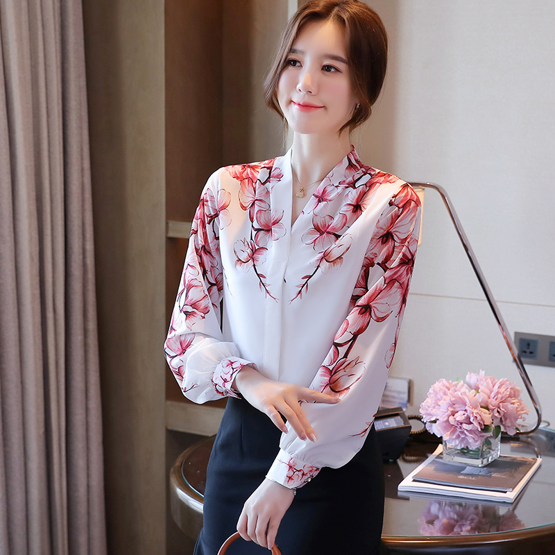 New elegant Women Blouses flower shirts chiffon blouse Spring Blouse lantern sleeve Tops Shirts Blusas Mujer 210317