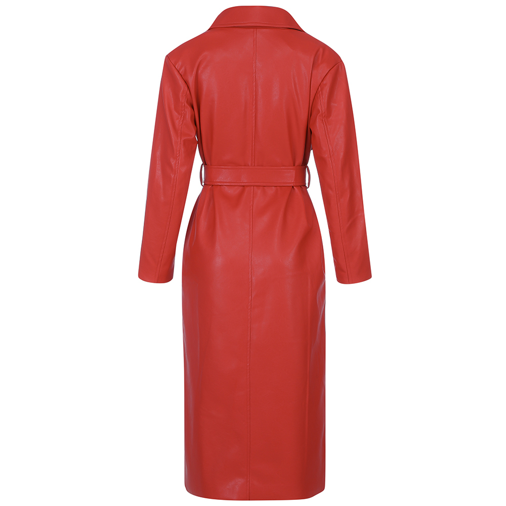 Winter Ladies Leather Jacket Fashion High-End Pu Coat Notch Office Long Belt Slim Trench 210525