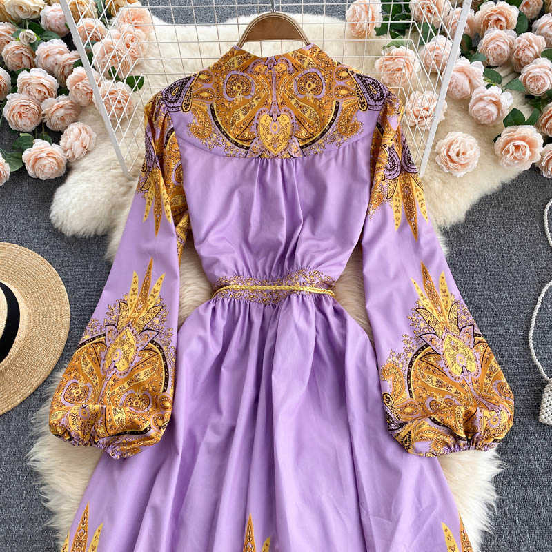 DEAT Women Printing Midi-long Dress V-Neck Long Sleeve Arrivals Lady Temperament Fashion Spring Autumn 11D1867 210709