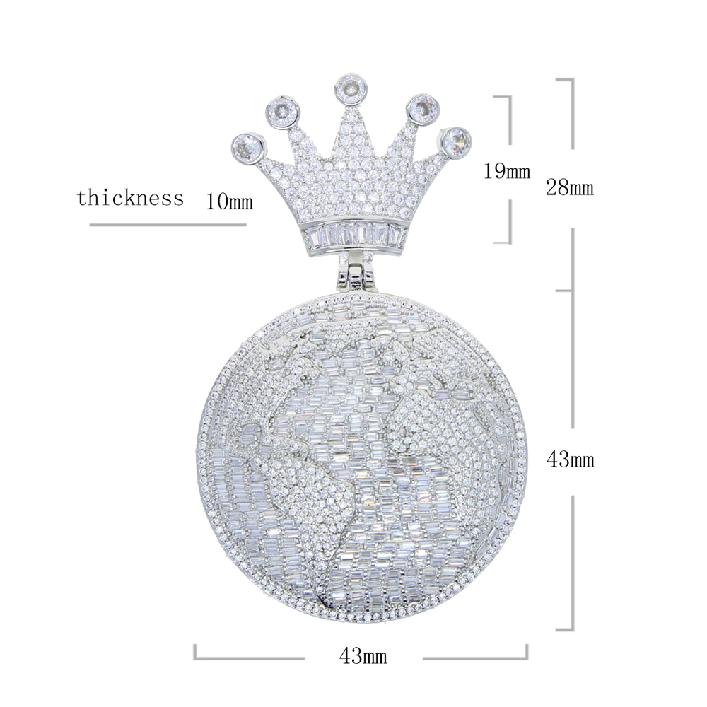 Bling 5A Cz Round Globle Pendant with Crown Shaped Necklace Full Iced Out Cubic Zirconia Hip Hop Custom Mens Cool Jewelry