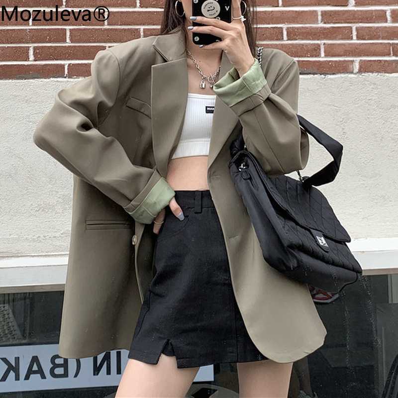 Mozuleva Chic Loose Amrygreen Women Blazer Spring Summer Single Breasted Female Suit Jacket Full Sleeve Oversize Outwear 210930