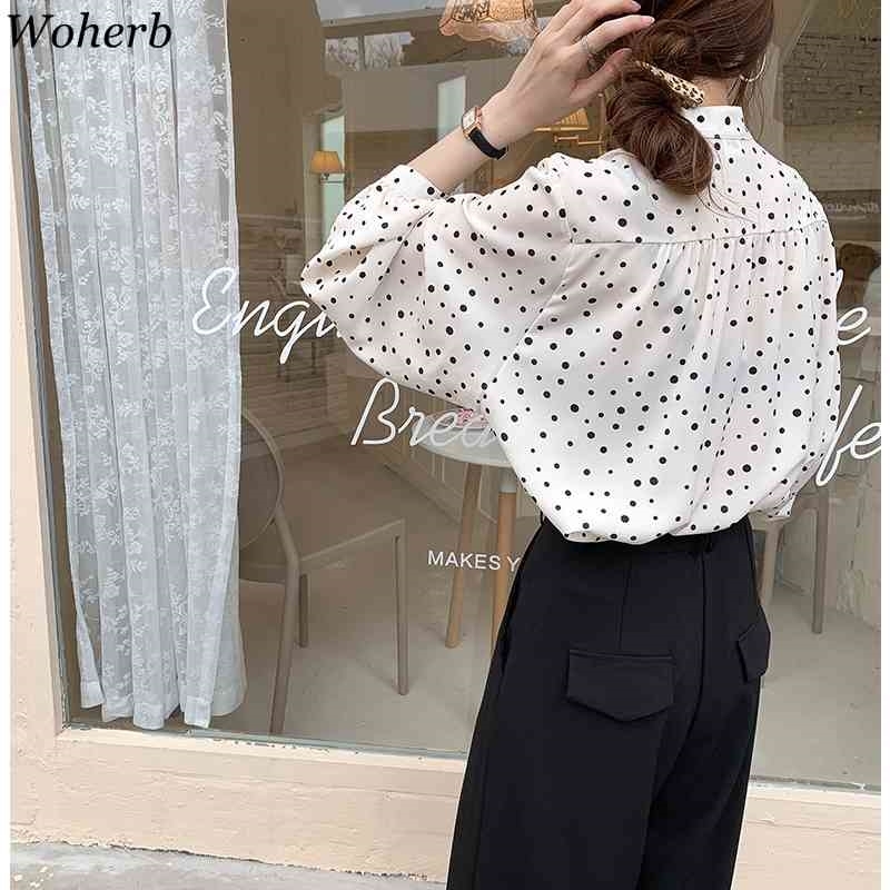 Camisas Mujer Polka Dot Chiffon Blouses Women Spring Vintage Shirts Stand Neck Lantern Sleeve Fashion Blouse Tops Femme 210519