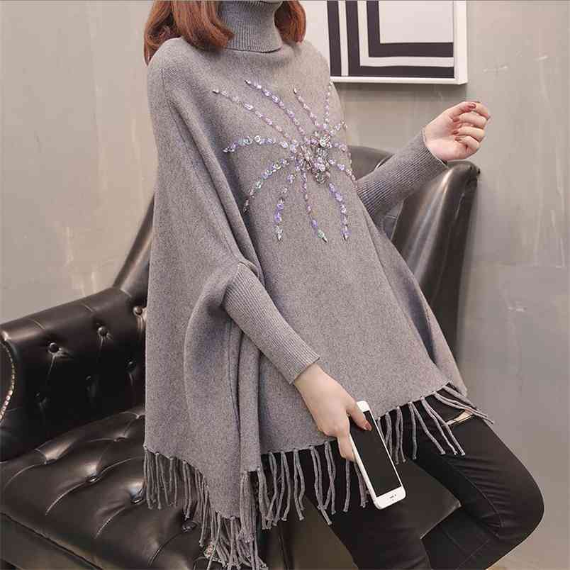 Fringed Sweater Bat Sleeves Autumn High Collar Cloak Shawl Loose Slim Women 210427