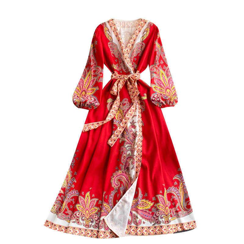 DEAT Women Printing Belt Dress V- Neck Long Puff Sleeve Arrivals Lady Temperament Fashion Spring Summer 11D554 210709