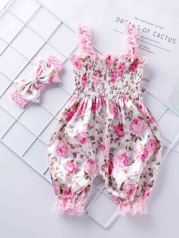 Baby Girl Allover Floral Shirred Satin Romper & Headband SHE