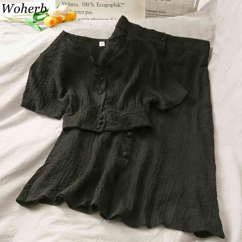 Vitnage Pleated Skirts Two Pieces Set Women Short Sleeve Blouse + High Waist Midi Long Skirt Summer Korean Outfits 210519