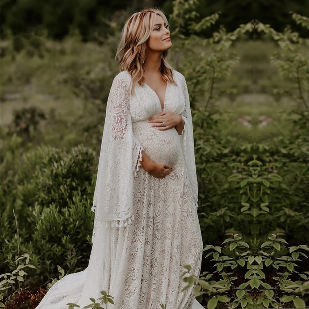 Country Bobo Lace Wedding Dresses Flare Sleeve High Wasit softness mercy dress Pregnant Bridal Gowns Plus Size Tassel