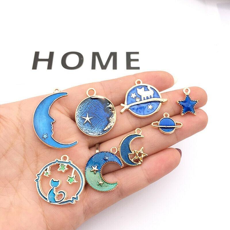 Charms 8Pcs/Set Cute Moon/Star/Planet Enamel Shape Floating For Jewelry Making DIY Earrings Bracelet NecklaceCraft, Bronze;silver