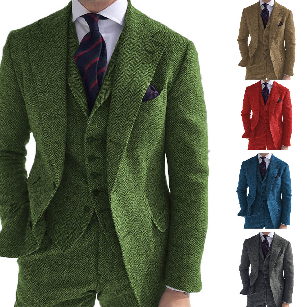 Three-Pieces Men Suits Business Casual Single Breasted Herringbone Linen Slim Fit Groom Party Coat Wedding Dress Men's Suit Tailored Work Wear