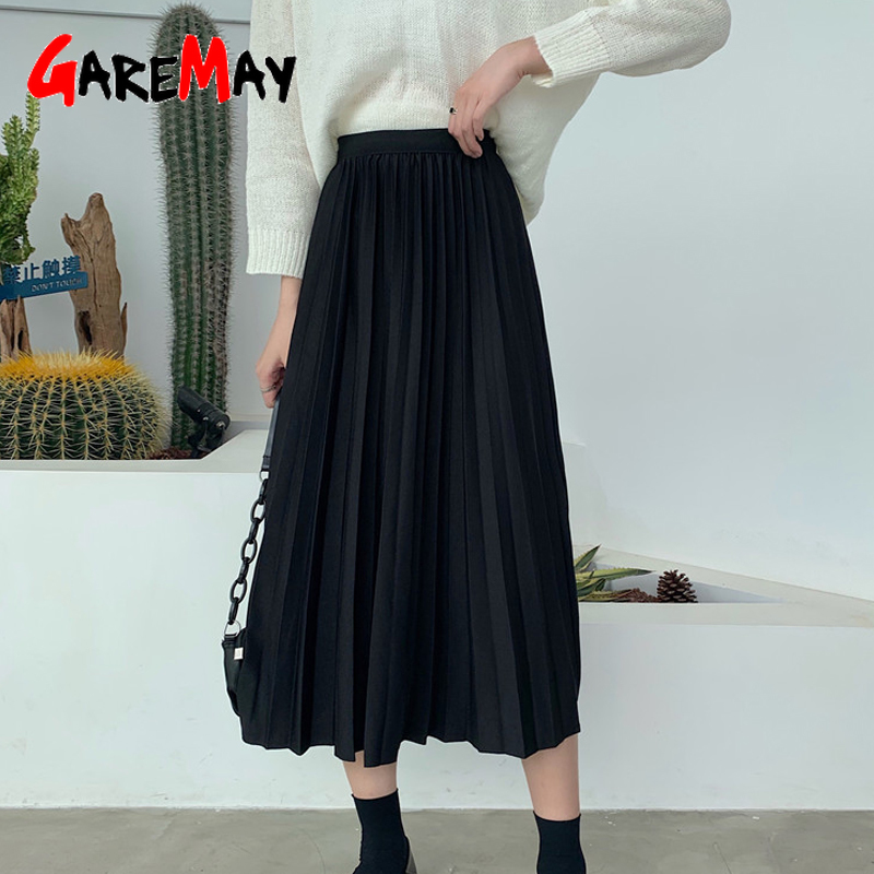 Women's winter skirts midi Long Vintage Warm black pleated female korean autumn high waist 210428