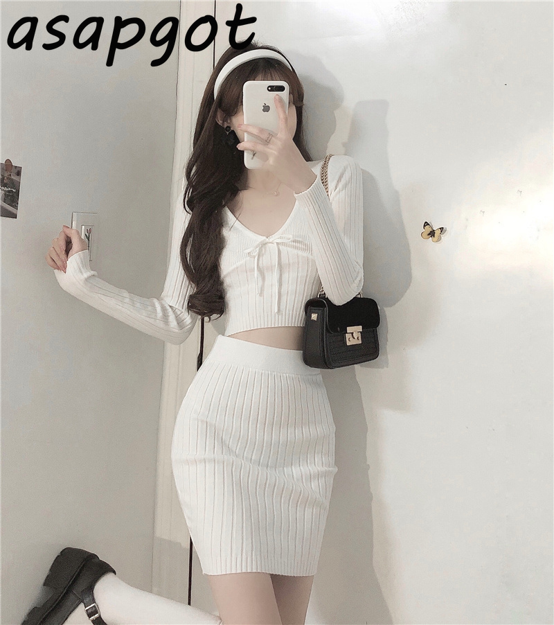 Matching Sets Dress Gentle White V Neck Knitted Top Fashion Clothing Slim Short Knitwear High Waist Skirt Sweet Casual 210429