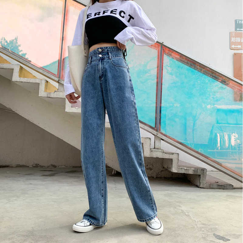 Straight Jeans Women Plus Size High Waisted Denim Pants Wide Leg Vintage Streetwear Full Length Trousers Spring Summer 210922