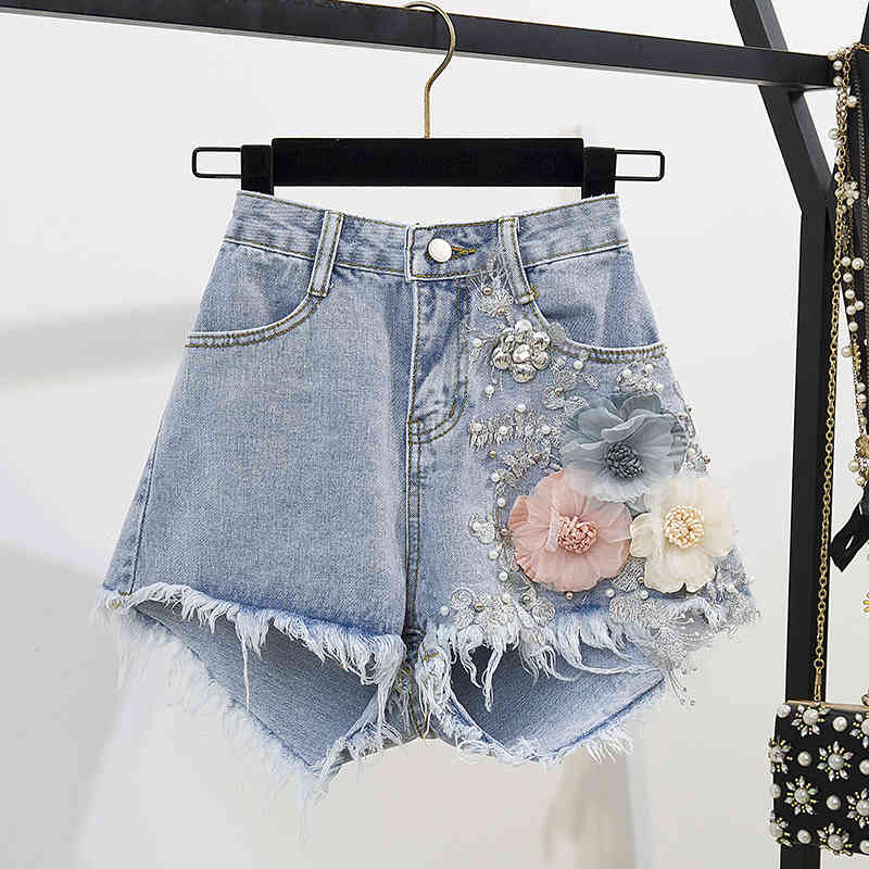 Summer Women 2 Piece Sets Vintage Beading Embroidery 3D Flower T-Shirt + Denim Shorts Suit 210518