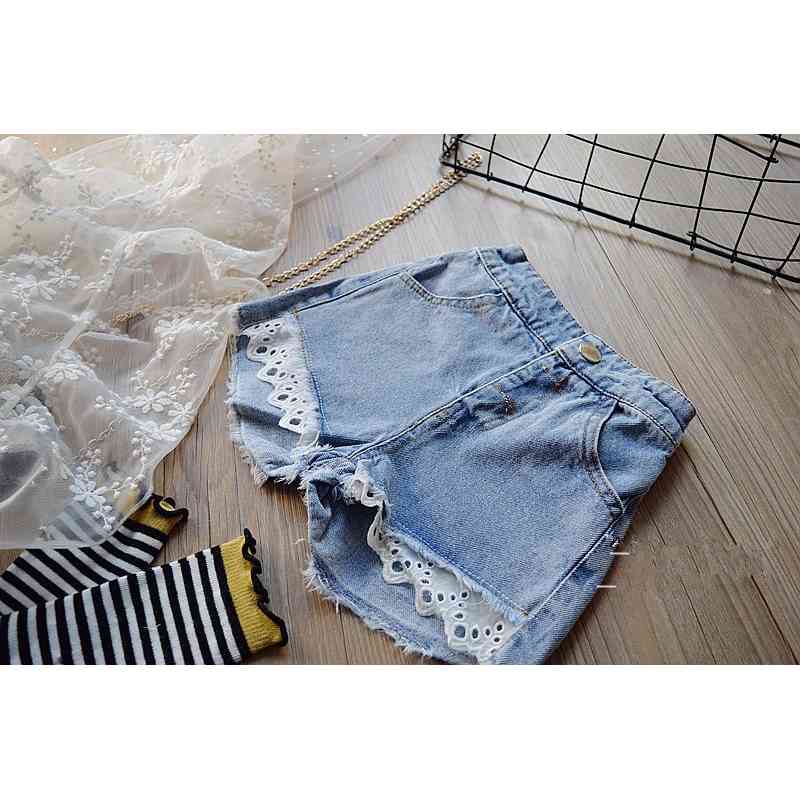 summer girls embroidered lace halter top + jean shorts 2 pieces set kids clothes 210515