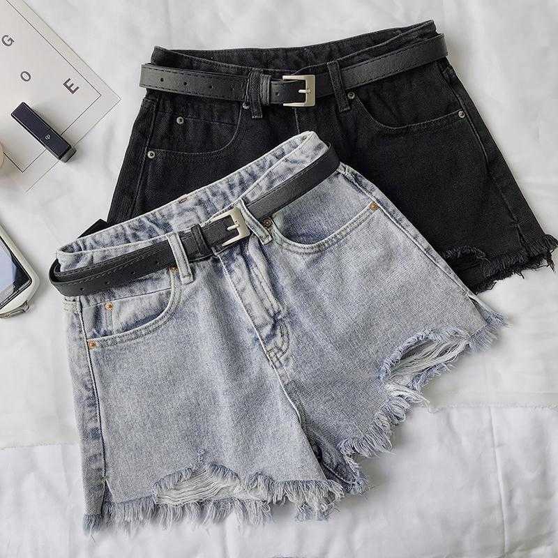 Ailegogo Summer Women High Waist Hole Blue Denim Shorts Casual Female Solid Color Frayed Black Jeans With Belt 210714