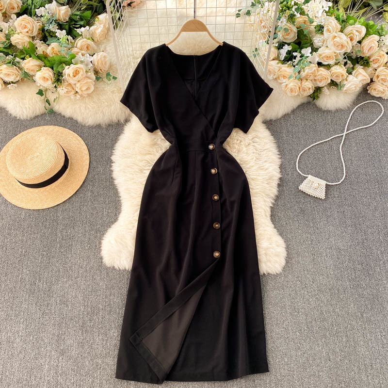 LoveFlowerLife Spring Summer Solid V Neck Button Dress High Waist Sexy Fashion Mid-Calf Women Party Dresses 210521