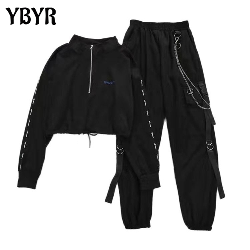 Women's Cargo Pants Two Piece Sets Harajuku T shirt Tops Buckle Ribbon Pocket Jogger Elastic Waist Pant Chain Streetwear Females 211115