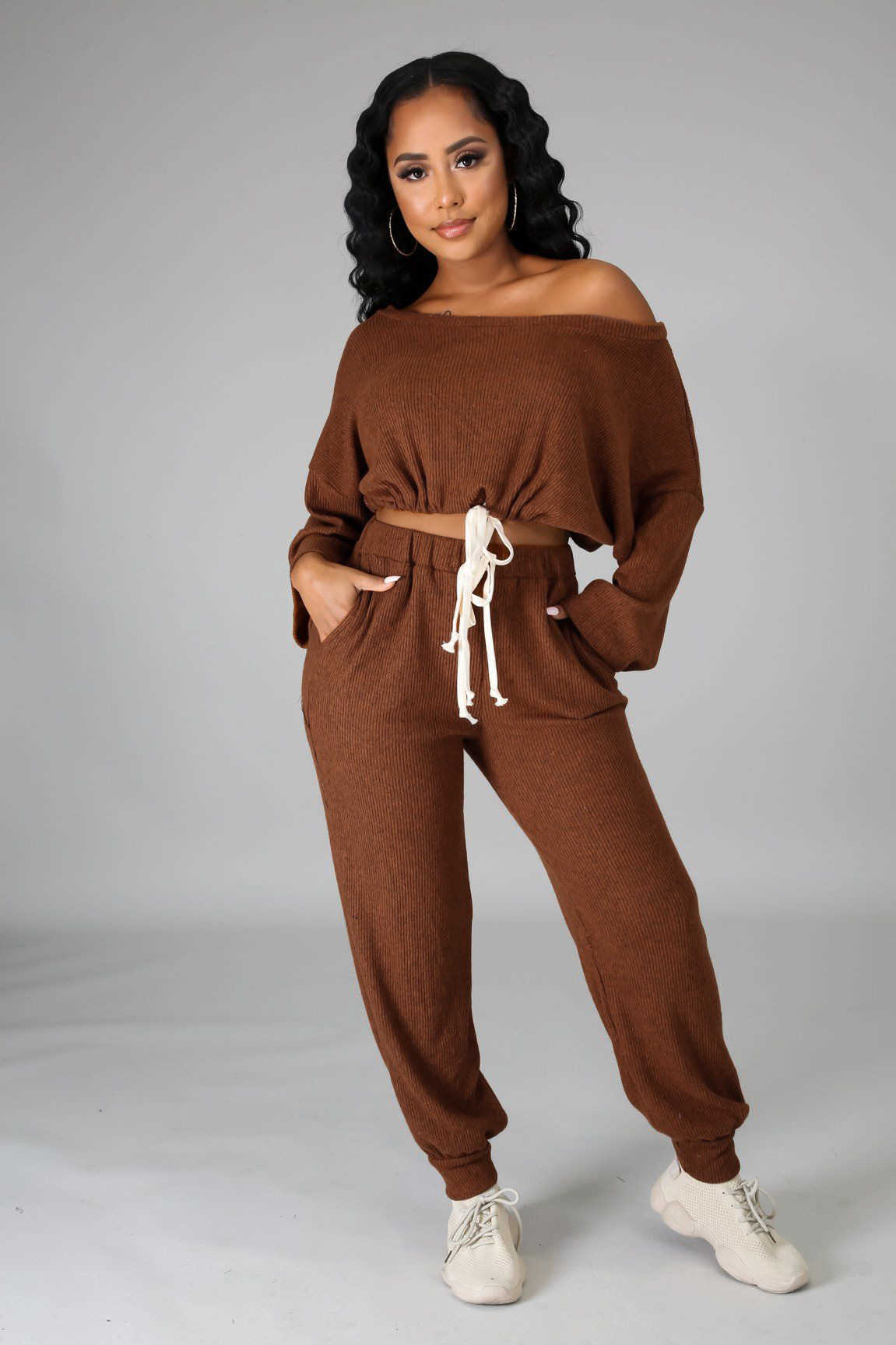 Designers Women Clothes 2023 solid rib off shoulder strap loose casual pants two piece set