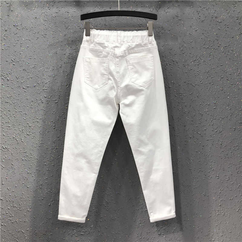 Spring Summer Women Cotton Denim Pants Plus Size Elastic Waist Loose Harem Female Casual Anklelength White Jeans D317 210922