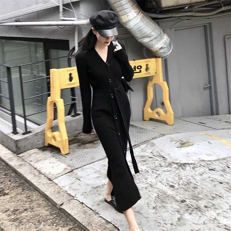 Women Long Sweater Dresses Knitted Maxi Autumn Winter Fashion V-neck 211110, Black 
Women Long Sweater Dresses Knitted Maxi Autumn Winter Fashion V-neck 211110, Black