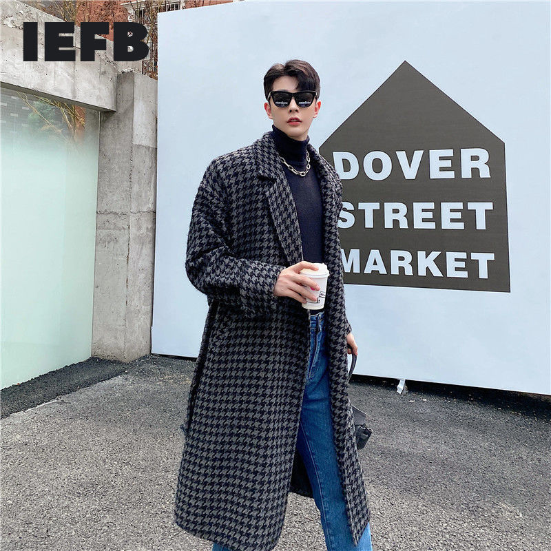 IEFB Men's Autumn Witner Woolen Coat Bright Silk Long Sleeve Black Plaid Mid Length Notched Collar Long Clothes With Belt 9Y4711 210524