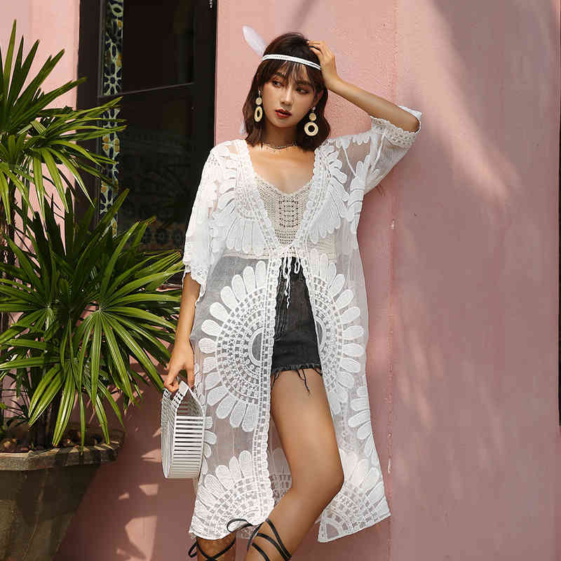 Summer X-Long Beach Kimono Women White Lace Bohemian Top Blouse Holiday Wear 210427