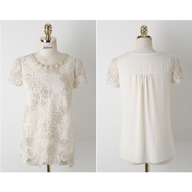 Round Neck blusas Mujer Summer Women's Tops Shirt Slim Short-Sleeved Lace Beaded Embroidery Flowers Chiffon 511H 210420