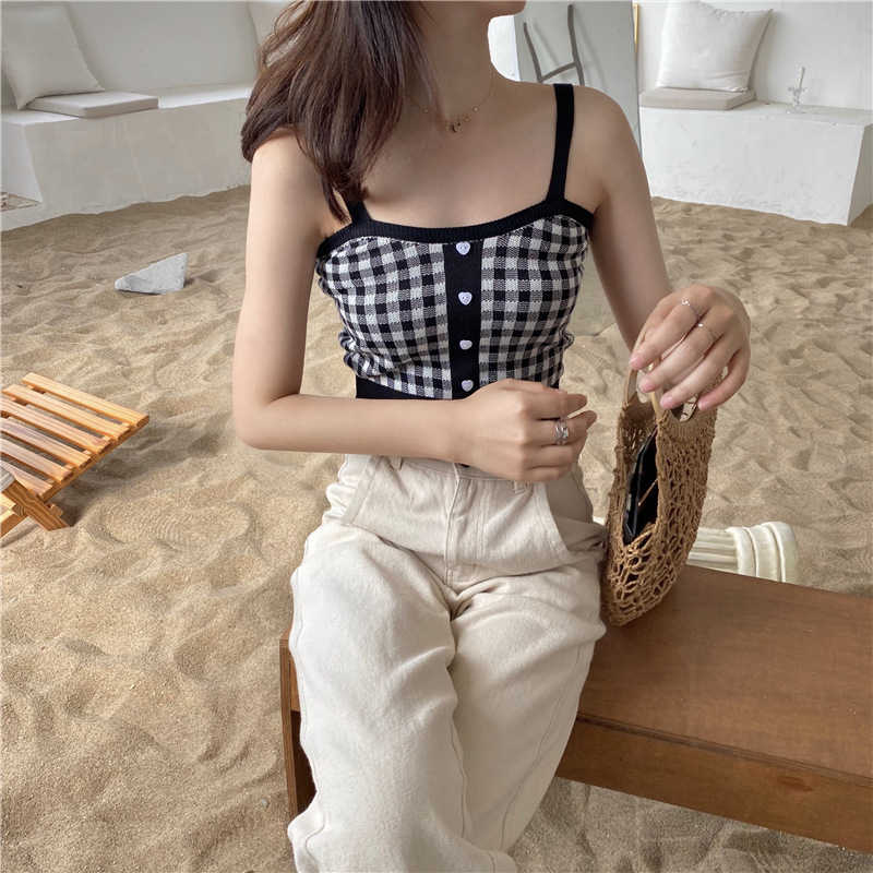 WOMENGAGA Sweet check candy short vest summer top's bottom Knitted Top tank red sexy women korean P8BU 210603