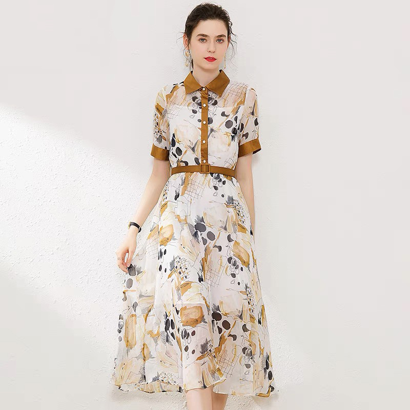 elegant turn down collar summer short sleeve high waist dress for women fashion printed single breasted A-line robe z 210421