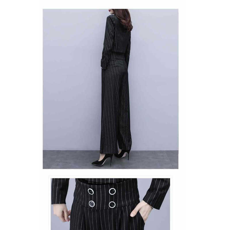 Fashion Vintage Casual Blazer Women's Office Slim Jacket Stripe High Waist Wide Leg Pants Suit 2 Piece Sets Female harajuku 210930