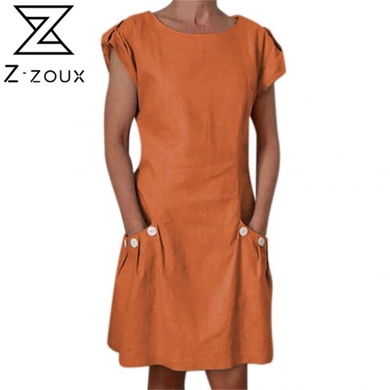 Women Dress Solid Short Sleeve Cotton Linen Loose Casual Ladies es Plus Size Summer es Black Orange 210513