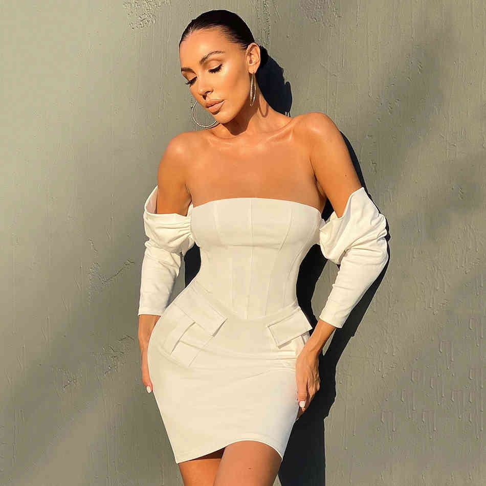 Free Women's White Bandage Dresses Sexy Card Shoulder Long Sleeve Bodycon Mini Dress Club Night Party Vestidos 210524